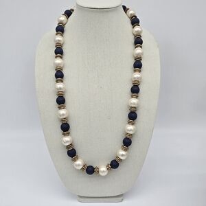 Over Sized Elegant Pearl and Navy Blue Beaded Necklace High End Vintage